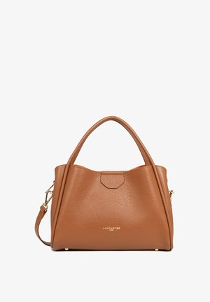Brown leather handbag with a textured surface, dual short handles, and a detachable shoulder strap. Features gold hardware and a stitched design.