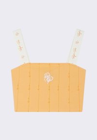 Gele cropped top met verticale lijnen en geborduurd logo. Voorzien van witte banden met herhaald merklogo aan elke kant. Gladde stof.