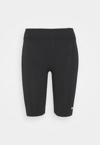 Svarta sportshorts gjorda av flexibel material, med en midja och en liten vit logotyp på nedre vänstra sidan.