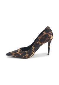 Szpilki w leopardzi wzór z ostro zakończonym noskiem, elegancką sylwetką i czarnym obcasem w stylu stiletto; tkanina ma teksturowany wzór w brązie i czerni.