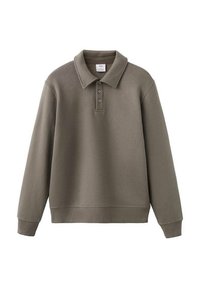 Olivgrüner Pullover mit Kragen, Drei-Knopf-Leiste, gerippten Bündchen und Saum, hergestellt aus weichem Stoff mit glatter Textur.