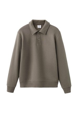 Olivgrüner Pullover mit Kragen, Drei-Knopf-Leiste, gerippten Bündchen und Saum, hergestellt aus weichem Stoff mit glatter Textur.