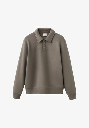 Olivgrüner Pullover mit Kragen, Drei-Knopf-Leiste, gerippten Bündchen und Saum, hergestellt aus weichem Stoff mit glatter Textur.