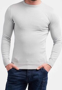 Maglione a maniche lunghe color grigio chiaro con colletto rotondo, dotato di polsini e orlo a costine, realizzato in un materiale liscio e elasticizzato. Indossato con jeans blu scuro.