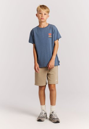 Blaues Baumwoll-T-Shirt mit kurzen Ärmeln und Brustaufdruck. Beigefarbene Shorts mit elastischem Bund. Graue Turnschuhe mit weißen Schnürsenkeln.