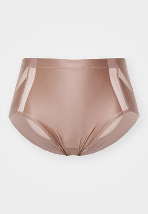 Høyt belte truse, lys brun, glatt tekstur, semi-transparente sidepaneler, elastisk midjebånd, maskinsydde kanter, minimalistisk design.