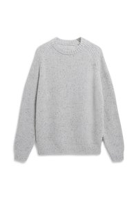 Hellgrauer Strickpullover mit gerippter Textur, Rundhalsausschnitt und langen Ärmeln. Mit einem seitlichen Schlitz und subtiler gesprenkelter Musterung.