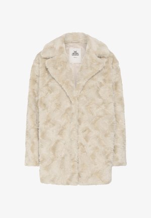 Helebeežikas kunstkarusnahast mantel pehme tekstuuriga, sisselõigatavate kraede ja sirge lõikega. Sisemine vooder sisaldab logoga sildi detaile.