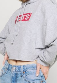 Felpa grigia corta con il logo rosso "Levi's" sul davanti, dotata di cappuccio con cordino e maniche morbide, abbinata a jeans blu chiaro.