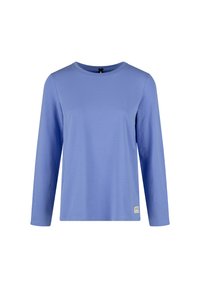 Lichtblauwe longsleeve t-shirt gemaakt van zacht materiaal, met een ronde hals en een klein merklabel aan de onderkant links.