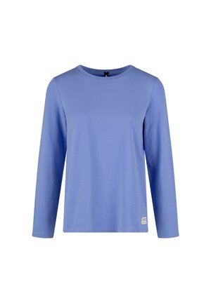 Lichtblauwe longsleeve t-shirt gemaakt van zacht materiaal, met een ronde hals en een klein merklabel aan de onderkant links.