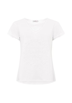 Weißes Baumwoll-T-Shirt mit V-Ausschnitt, kurzen Ärmeln und erhabenem Slogan-Design "POSITIVE LIFE" in einem kreisförmigen Muster. Ausgefranste Saumkanten.