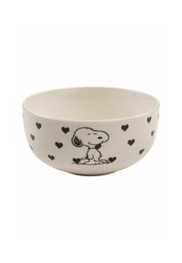 Ciotola in ceramica, bianca con cuori neri e un'illustrazione di Snoopy. Forma rotonda, superficie liscia e finitura lucida. Ideale per servire.