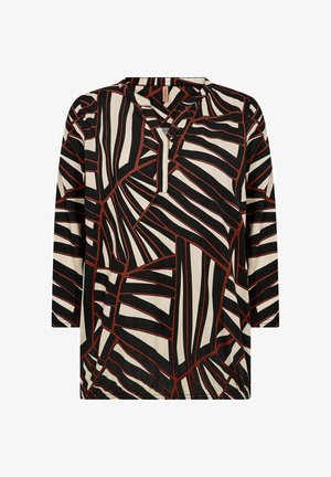 Top a maniche lunghe in crema con un audace motivo astratto in nero e ruggine. Presenta una scollatura a V e una vestibilità rilassata, realizzato in tessuto morbido.