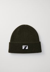 Olive green ribbed knit beanie with a folded cuff and a patch featuring a stylized white number seven on a black background.