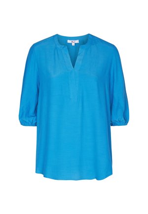 Blauwe linnen blouse met een V-hals, driekwart blousonmouwen en een relaxte pasvorm. Knappe structuur met minimale stikseldetails.