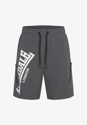 Pantaloni sportivi grigi con vita elastica, cordino nero, tasche laterali e un logo bianco ben visibile con la scritta "Lonsdale London."