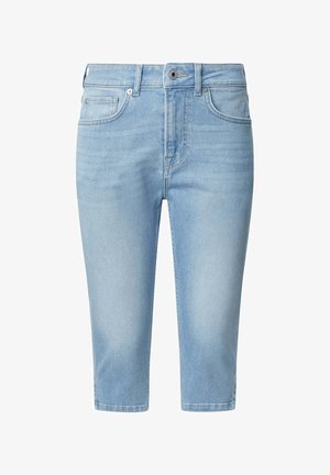 Hellblaue Denim-Bermudashorts mit geradem Schnitt, mittlerer Taille, Fünf-Taschen-Design und subtilen Wischernähte.