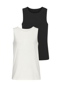 Two sleeveless tops in white and black. Both have a ribbed texture and a rounded neckline, with the white top in front of the black one.