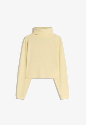 Jasnożółty, prążkowany sweter z golfem, długimi rękawami i krótkim dołem.