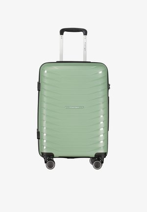 Hard-shell suitcase in matte light green with a wave pattern, black accents, and a retractable handle; features four wheels for mobility.