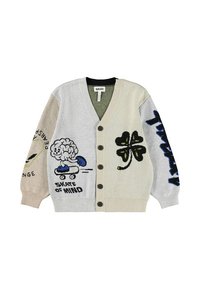 Grå och beige kofta med knappstängning, som har färgglada, lekfulla stickade mönster inklusive en skateboardåkande karaktär och klöver.