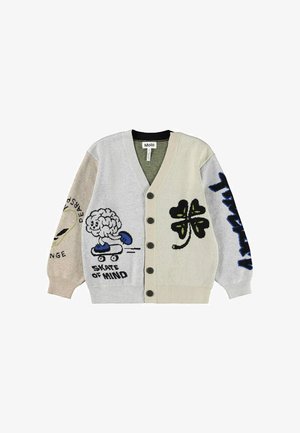 Harmaa ja beige neuletakki napituksella, jossa on värikkäitä, leikkisiä neulekuvioita, mukaan lukien rullalautailuhahmo ja apila.