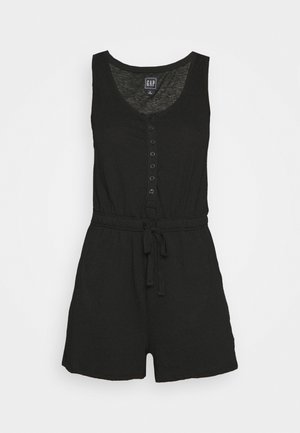 Combinaison noire sans manches avec boutons sur le devant et ceinture à la taille, en tissu léger, style décontracté.