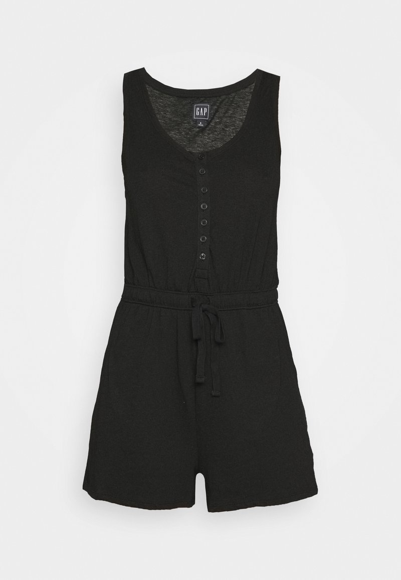 Combinaison noire sans manches avec boutons sur le devant et ceinture à la taille, en tissu léger, style décontracté.