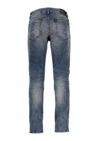 Niebieskie dżinsy z denimu o wyblakłym wyglądzie, proste nogawki, pięć kieszeni oraz zdobienia szwem na plecach.