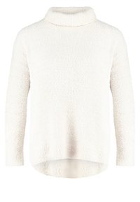 Pull à col roulé blanc texturé avec manches longues. Il présente un tissu doux et duveteux ainsi un ourlet légèrement arrondi. Aucun motif ni accent visible.