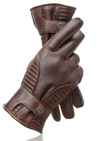 Smešano kožne rukavice smeđe boje s rebrastim uzorkom na poleđini, podesivim remenom na zapešću i okruglim metalnim detaljem.