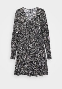 Vestido preto com decote em V, mangas longas e cintura ajustada. Apresenta um padrão texturizado em branco, rosa e preto, com uma saia rodada.