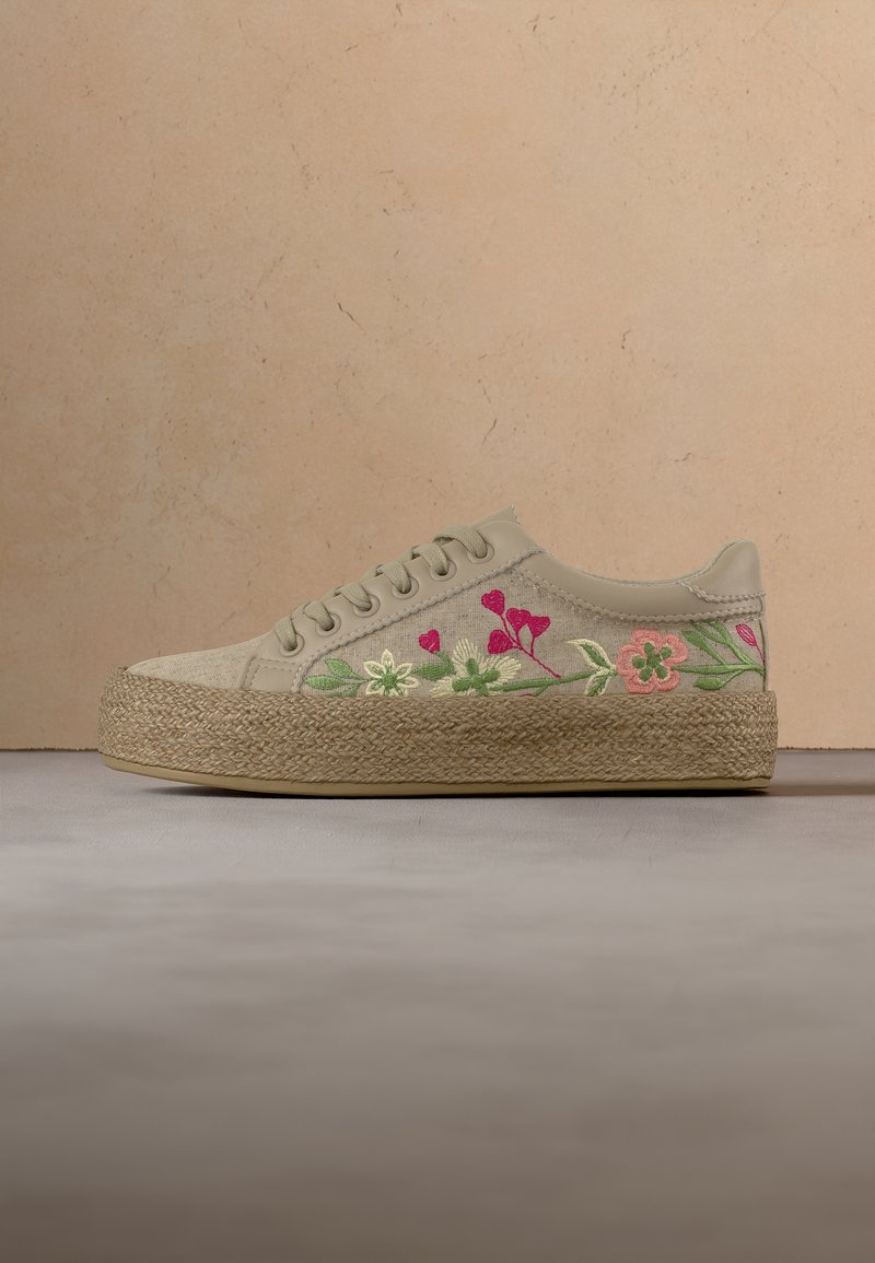 Basket à plateforme beige avec semelle tissée et motifs floraux brodés rose, vert et blanc sur le côté, présentée sur une surface grise.