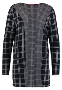 Marinblå och grå cardigan med rutigt mönster, långa ärmar, öppen framsida, två fickor, mjuk textur och en blandning av horisontella och vertikala ränder.