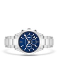 Montre chronographe en acier inoxydable argenté avec un cadran bleu, index lumineux, trois sous-cadrans et une fenêtre d'affichage de la date à 3 heures.