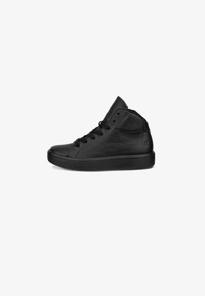 Basket haute en cuir noir avec lacets et semelle texturée, vue de côté sur fond blanc.