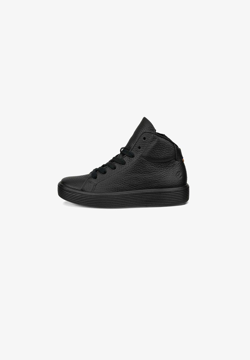 Basket haute en cuir noir avec lacets et semelle texturée, vue de côté sur fond blanc.