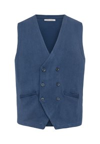 Chaleco azul en patrón espiga con diseño de doble botonadura, cuello en V, dos bolsillos frontales y seis botones. Fabricado en tela texturizada.