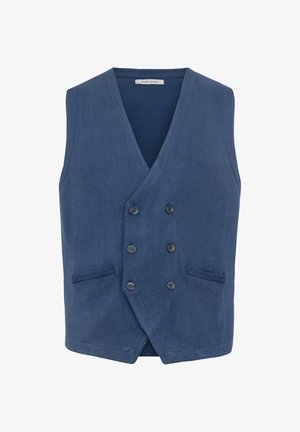 Blaues Fischgrät-Westen mit doppelter Knopfleiste, V-Ausschnitt, zwei vorderen Taschen und sechs Knöpfen. Hergestellt aus strukturiertem Stoff.