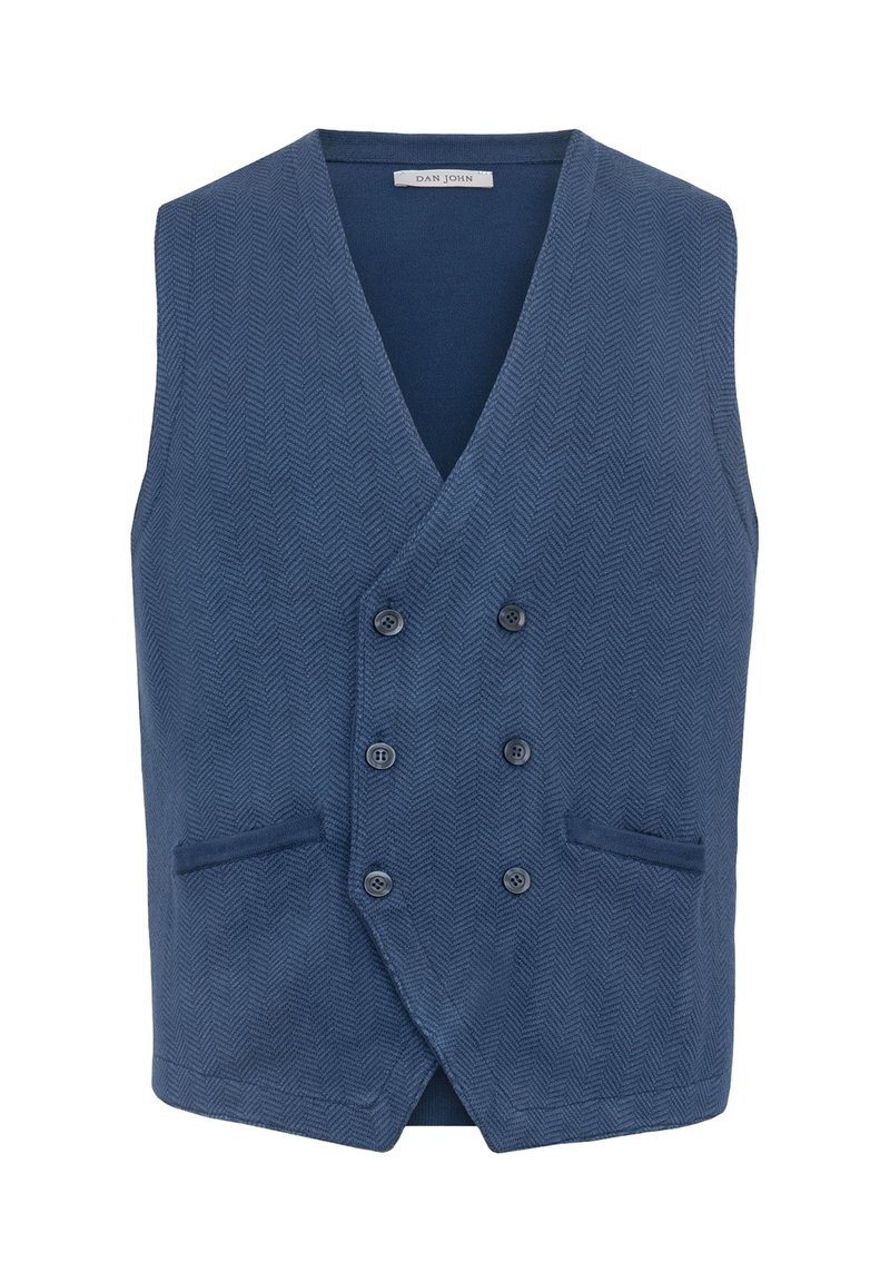 Chaleco azul en patrón espiga con diseño de doble botonadura, cuello en V, dos bolsillos frontales y seis botones. Fabricado en tela texturizada.