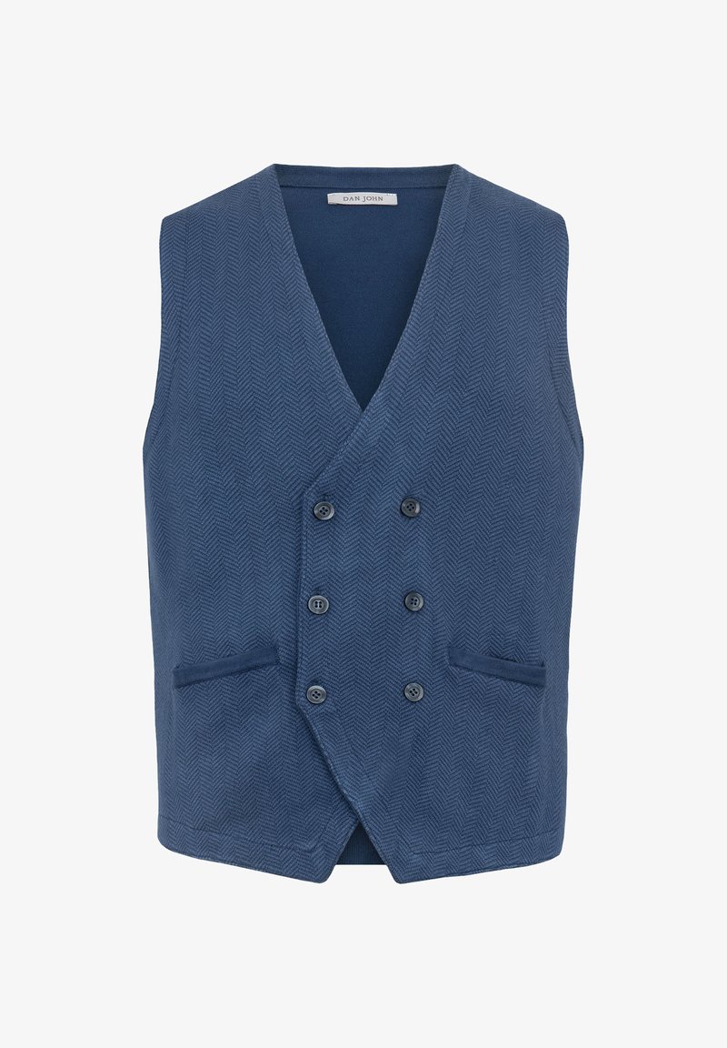 Vesta albastră în model herringbone, cu un design cu două rânduri de nasturi, decolteu în V, două buzunare frontale și șase nasturi. Fabricată dintr-un material texturat.