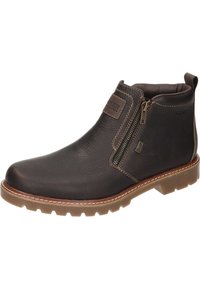 Bottes chelsea marron en cuir avec une fermeture éclair latérale, bout rond et finition texturée, dotées d'une semelle en caoutchouc durable et de coutures contrastées.