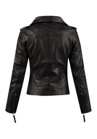 Schwarze Lederjacke, taillierte Passform, mit hohem Kragen, langen Ärmeln und Reißverschlüssen an den Manschetten. Glatte Textur und sichtbare Nähdetails.