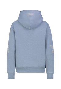 Lichtblauwe hoodie met een trekkoordcapuchon, ribgebreide manchetten en zoom. Bevat een label op de achterkant en textuuraccenten op de mouwen.