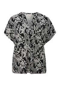 Blusa de manga corta con estampado de paisley en blanco y negro, con cuello en V y detalles de botones. Tejido suave con un corte relajado.