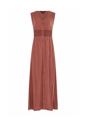 Abito lungo senza maniche color ruggine con scollo a V, chiusura frontale con bottoni e dettaglio di cintura elasticizzata arricciata.