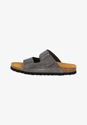 Grijze suède sandalen met twee verstelbare banden, een kurken voetbed en een gestructureerde zwarte rubberen zool.