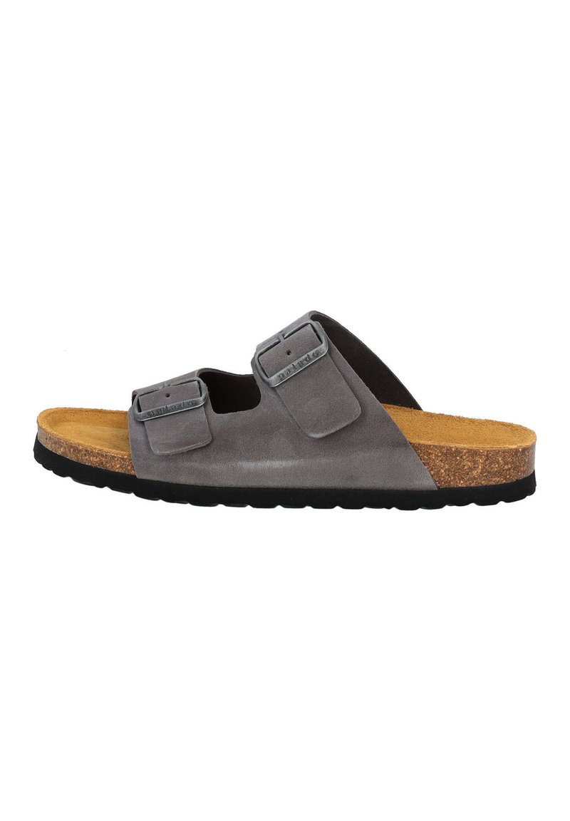 Grijze suède sandalen met twee verstelbare banden, een kurken voetbed en een gestructureerde zwarte rubberen zool.