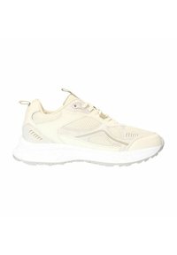 Crèmekleurige sportschoen met een bovenwerk van mesh en textuuraccenten, met een witte, chunky zool en contrasterende beige details.